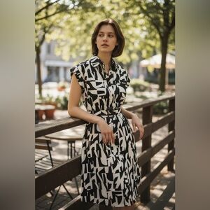 MONTEAU‎ LOS ANGELES GRAPHIC BLACK AND WHITE BELTED MIDI DRESS SIZE XS